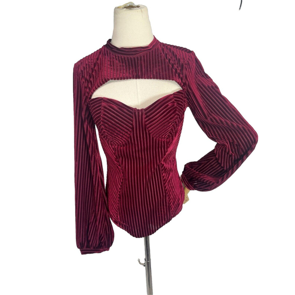 Lulus Womens Striped Cutout Burgundy Velvet Bustier Bodysuit Size Medium Balloon - Picture 2 of 15